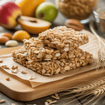 Vue appetissante barre de cereale flocon d'avoine planche bois