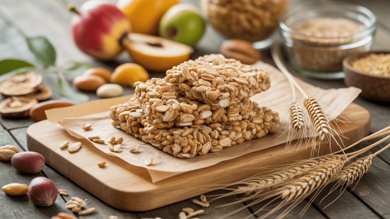 Vue appetissante barre de cereale flocon d'avoine planche bois