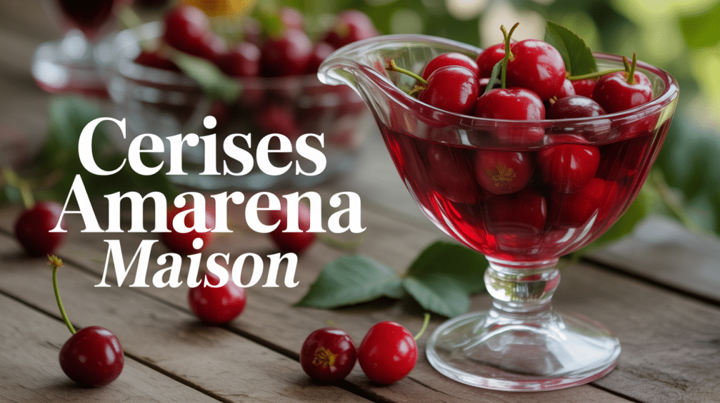 Bocal de cerises amarena maison sur table en bois