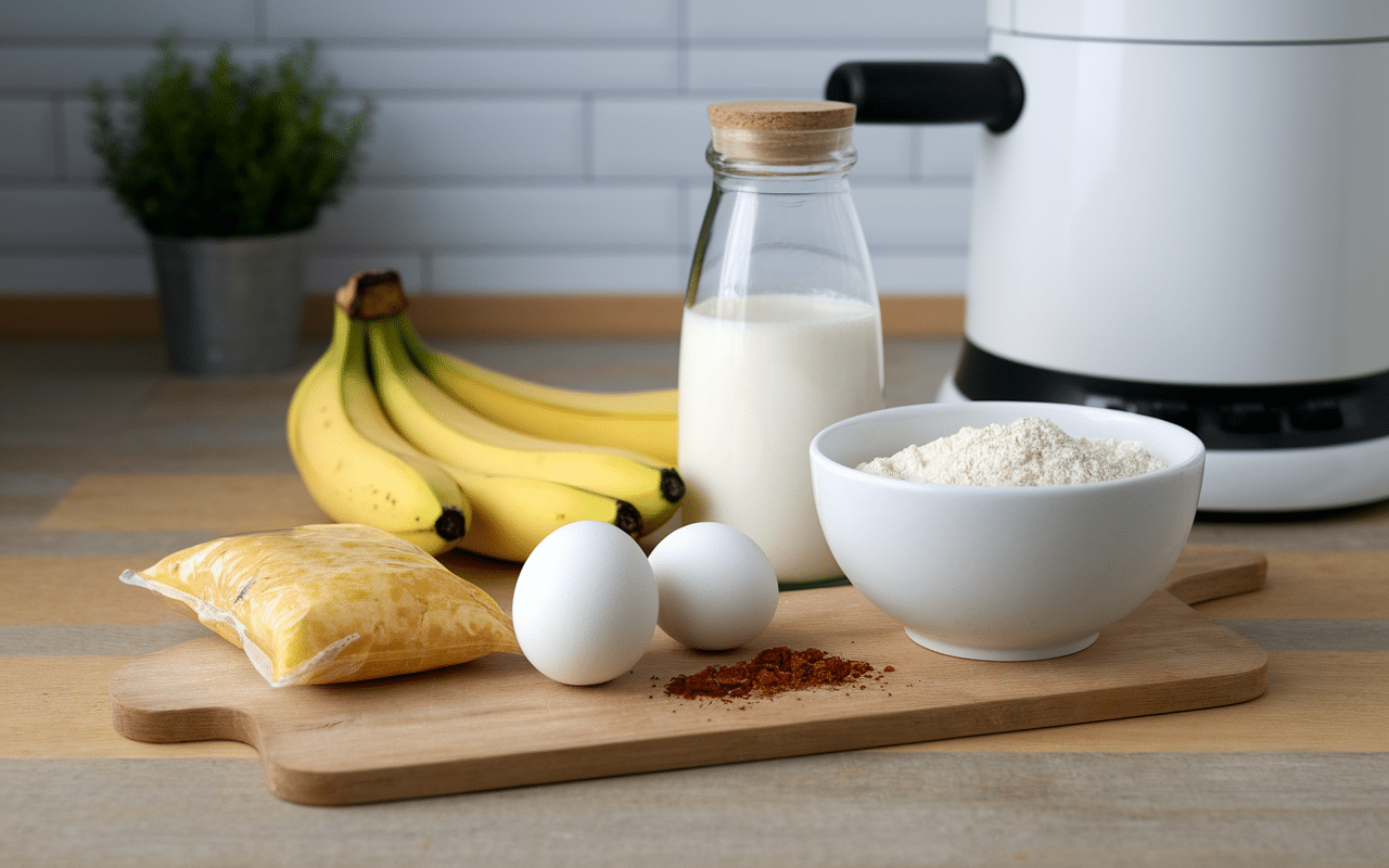 Ingrédients pour gaufres bananesques chicchew sur plan de travail
