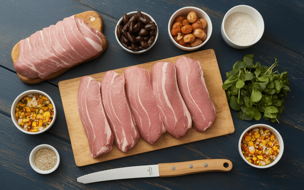 Ingrédients de paté de porc et foie sur plan de travail