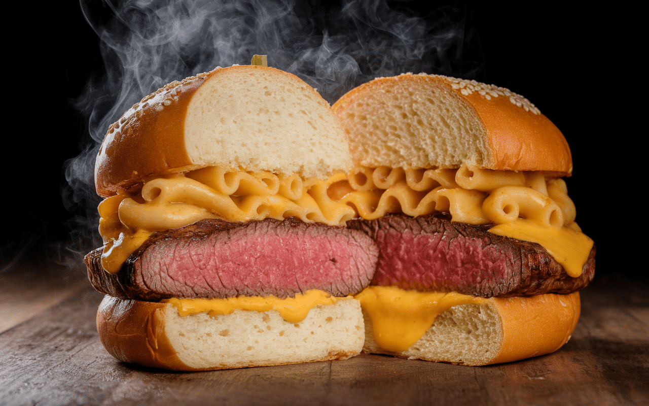 Intérieur d’un macaroni burgers crémeux et steak grillé