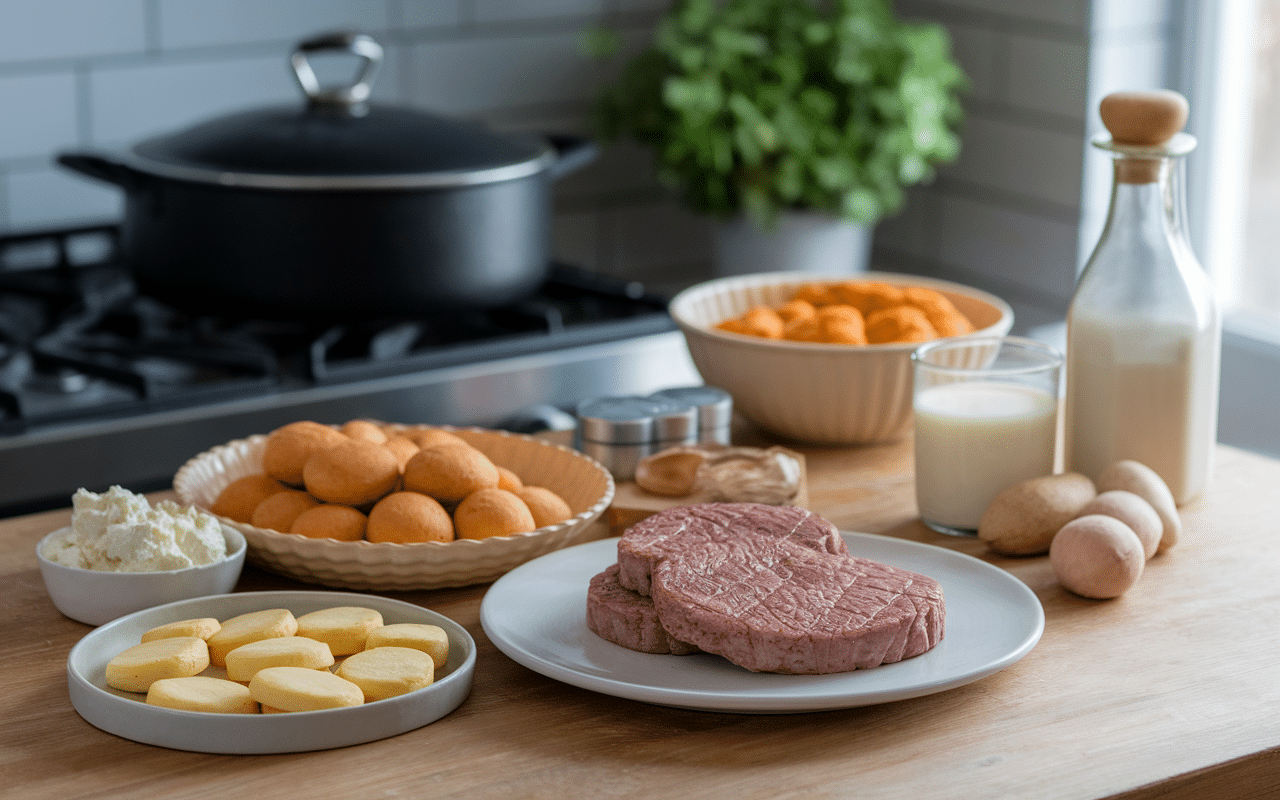 Ingrédients pour macaroni burgers sur plan de travail cuisine
