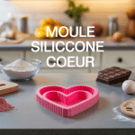 Moule silicone coeur sur plan de travail avec ingrédients