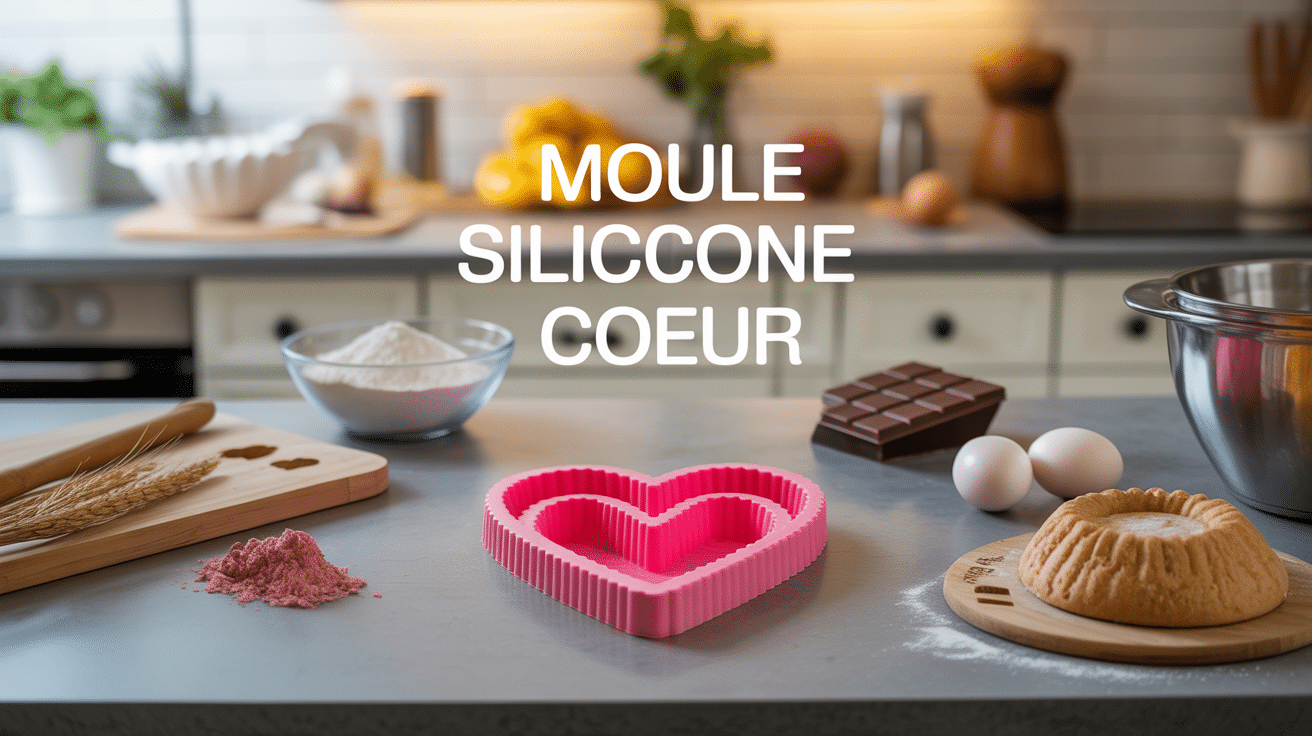 Moule silicone coeur sur plan de travail avec ingrédients