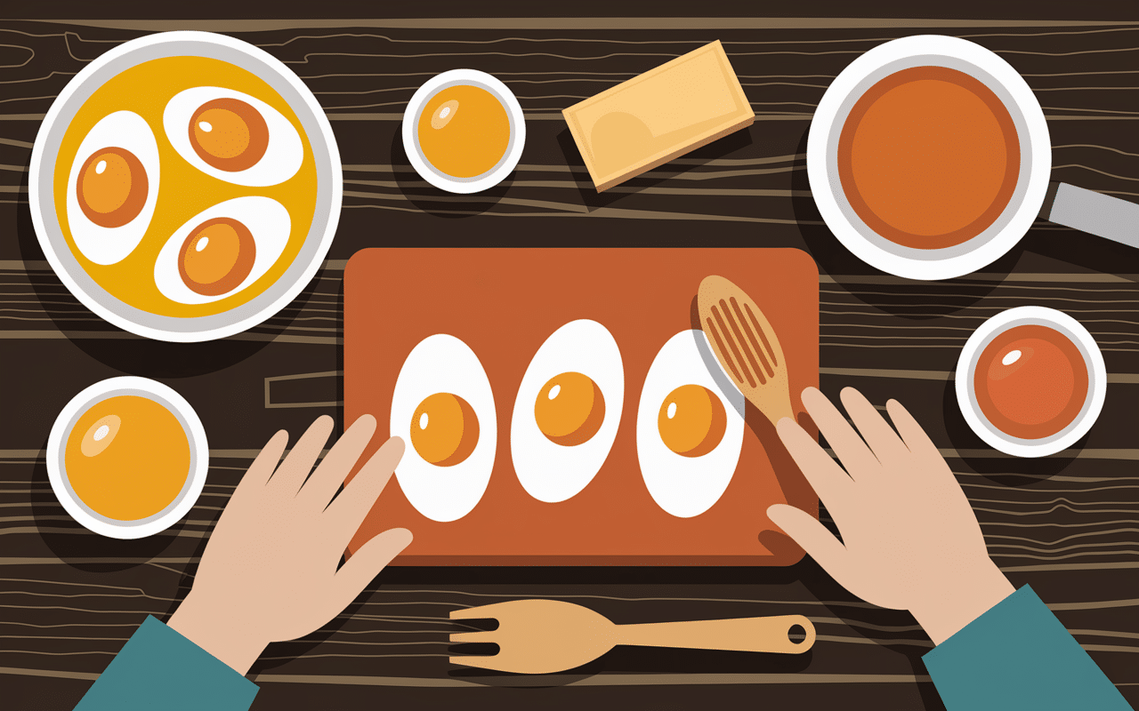 Préparation ingrédients omelette à l'aillet, œufs et aillets, cuisine en action