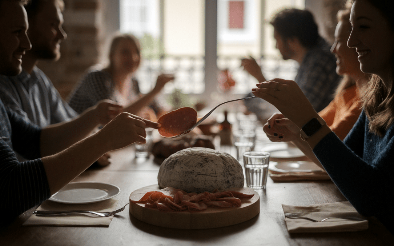 Table familiale avec plateau de paté de porc et foie artisanal