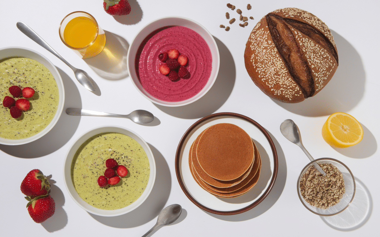 Préparations créatives petit déjeuner sans gluten avec porridge, pancakes et pain