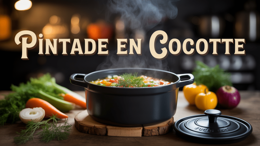 pintade en cocotte dorée avec légumes et vapeur