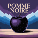 Pomme noire brillante sur bois, montagnes en arrière-plan