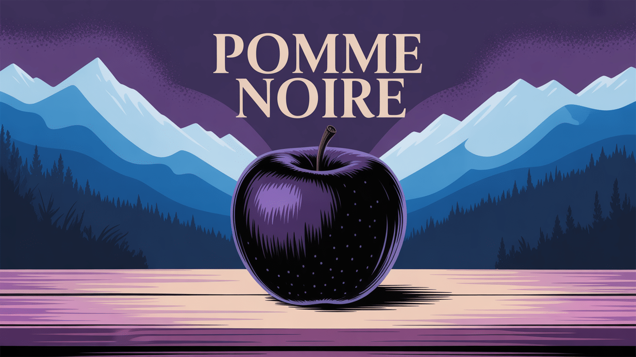 Pomme noire brillante sur bois, montagnes en arrière-plan
