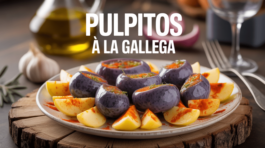 pulpitos a la gallega avec pommes de terre et paprika sur planche bois