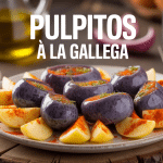 pulpitos a la gallega avec pommes de terre et paprika sur planche bois