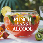 bol de punch sans alcool coloré sur table de fête avec fruits frais