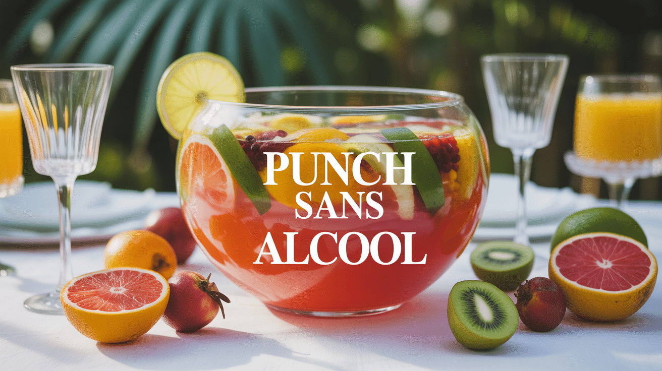 bol de punch sans alcool coloré sur table de fête avec fruits frais