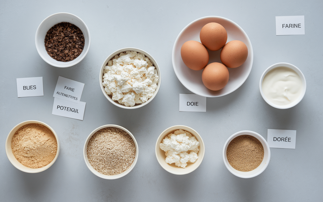 ingrédients recette gâteau protéiné sans whey sur plan de travail