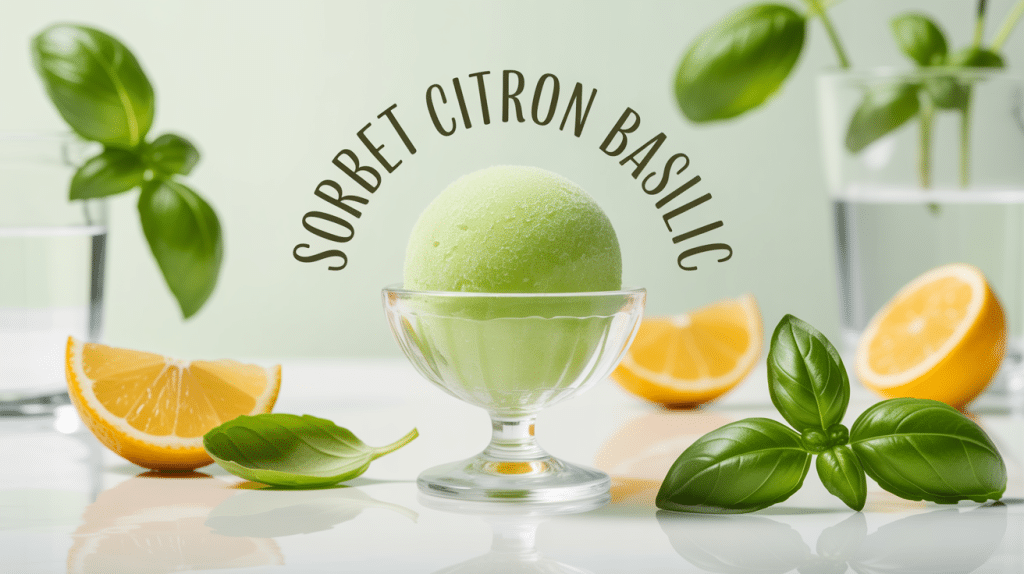 Sorbet citron basilic novascope en coupelle avec citron et basilic
