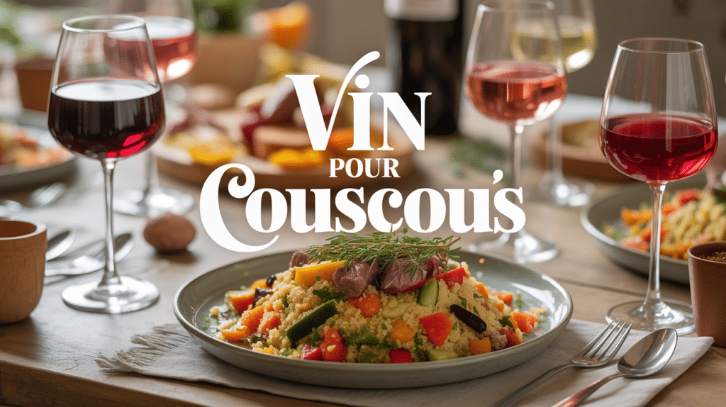 Table avec couscous et vins pour couscous, ambiance méditerranéenne