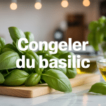 congeler du basilic sur planche avec glaçons et huile