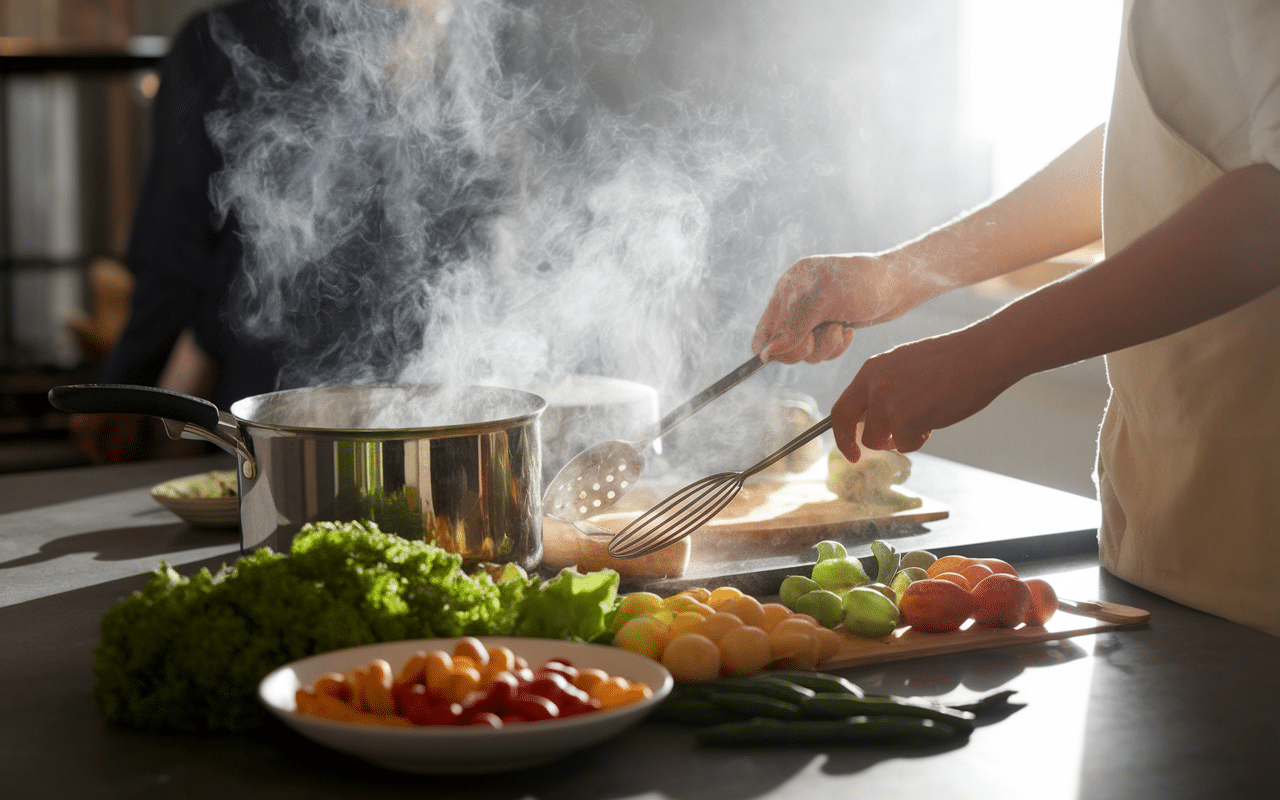 Cuisiniers utilisant casseroles cuisinox