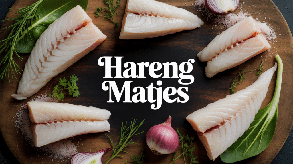 filets hareng matjes sur planche avec herbes et oignons