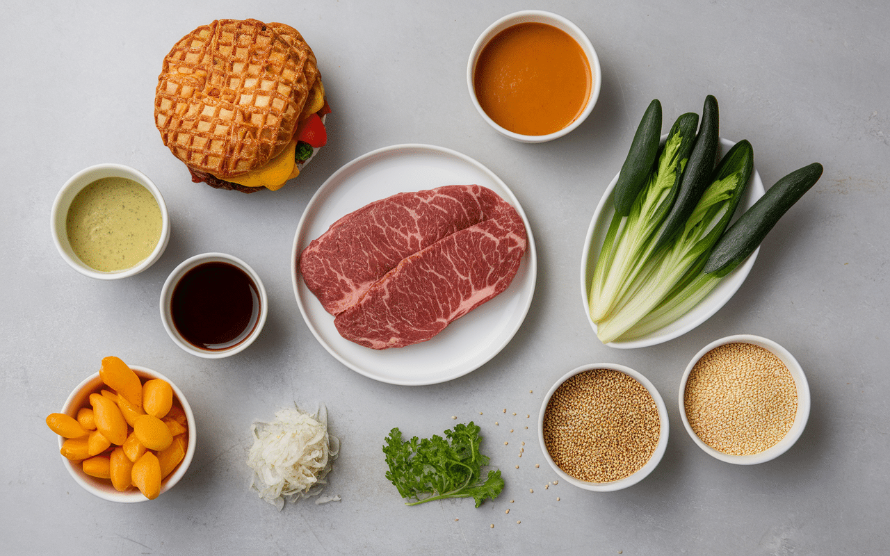 Ingrédients ramen burger galettes steak légumes