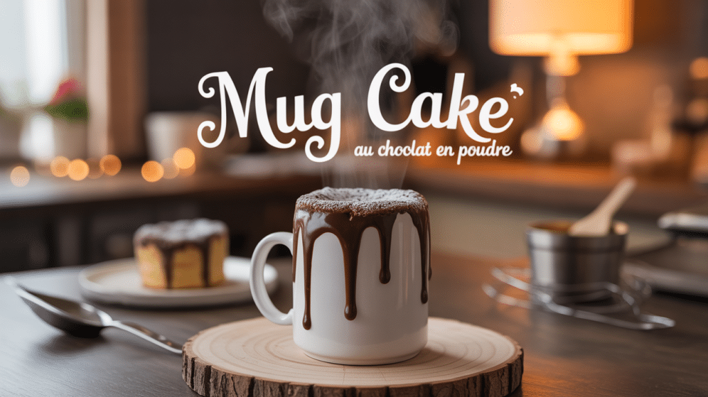 Mug cake chocolat en poudre vapeur sur table bois