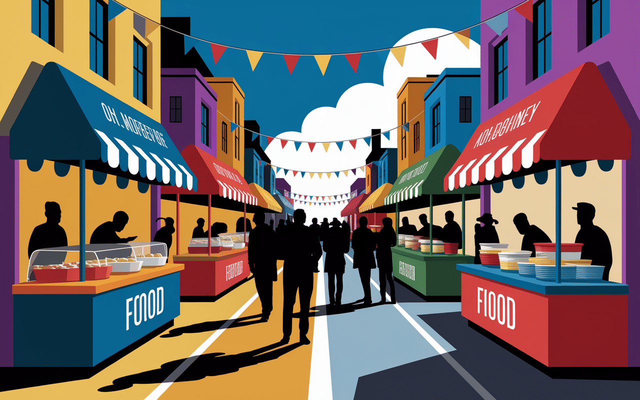 Marché street food ramen burger ambiance urbaine