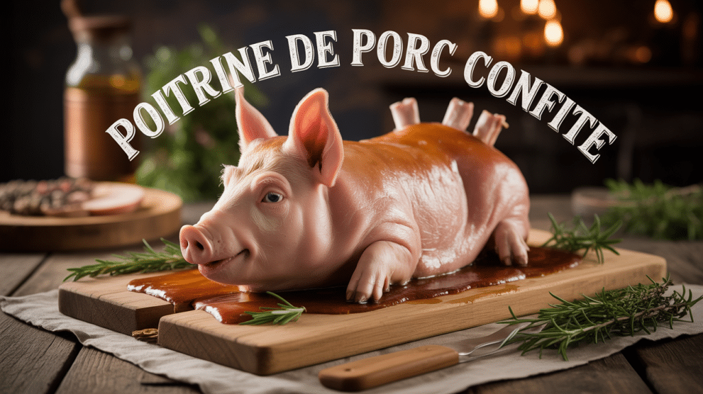 Poitrine de porc confite dorée entourée d'aromates