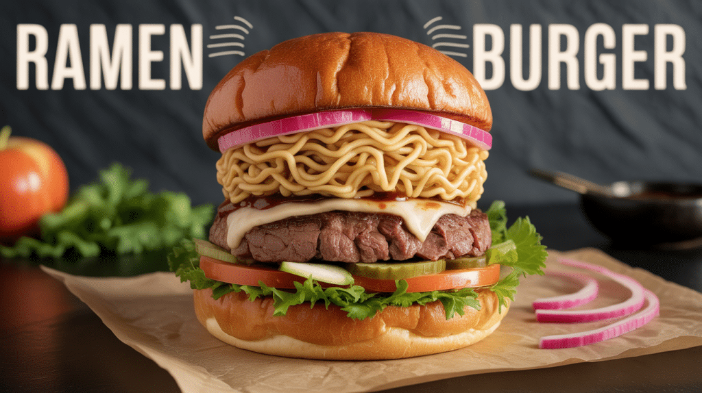 Photo ramen burger pain nouilles steak et légumes