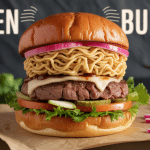 Photo ramen burger pain nouilles steak et légumes