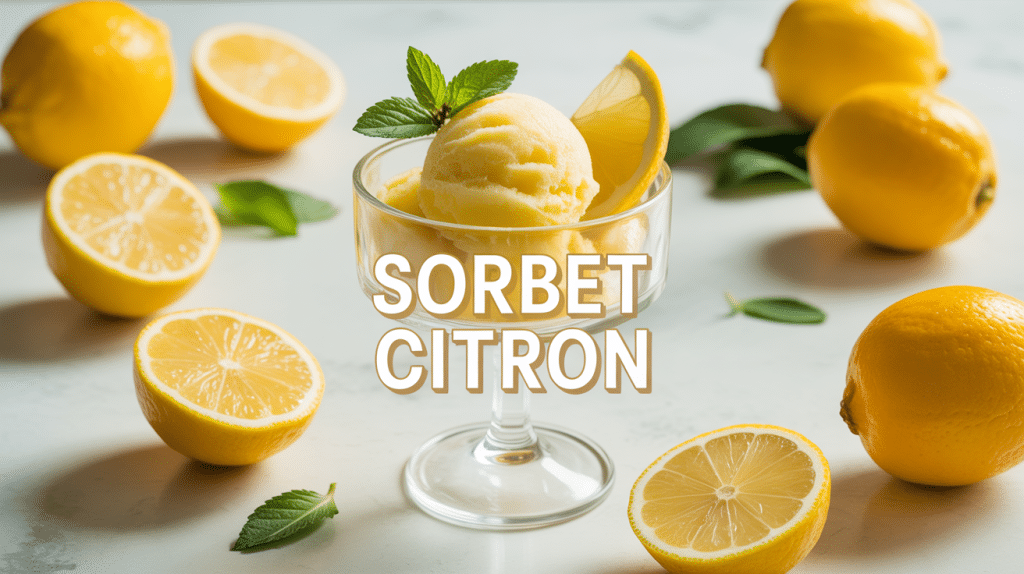 Sorbet citron artisanal entouré de citrons et menthe