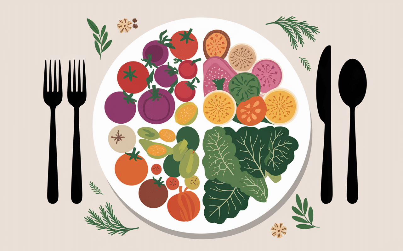 repas frugale assiette sections légumes céréales légumineuses