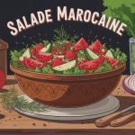 Bol de salade marocaine colorée sur table en bois, épices et légumes