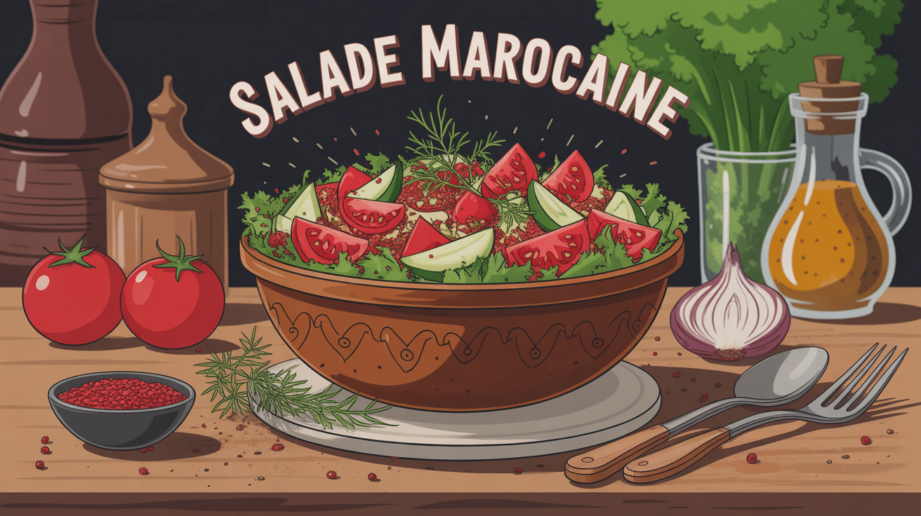 Bol de salade marocaine colorée sur table en bois, épices et légumes