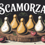 scamorza sur planche en bois avec herbes et tomates