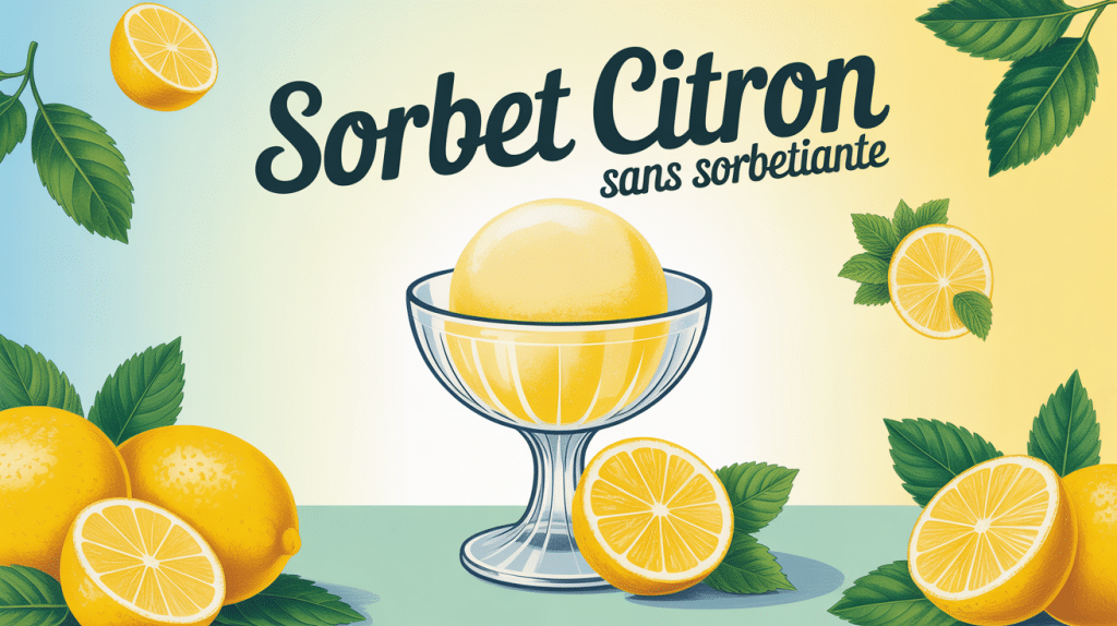 Sorbet citron sans sorbetière dans coupe avec citrons et menthe