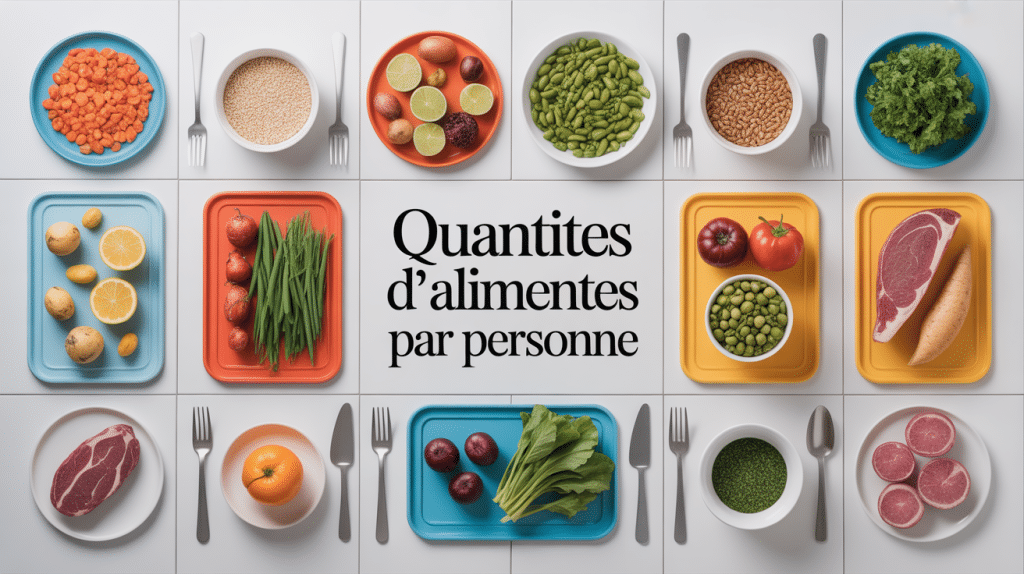 tableau quantité aliment par personne en cuisine avec assiettes mesurées