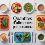 tableau quantité aliment par personne en cuisine avec assiettes mesurées
