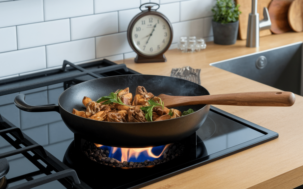 Contrôle temps de cuisson gésiers à la poêle poêle inox