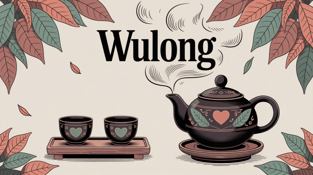 the wulong illustration théière et feuilles de thé