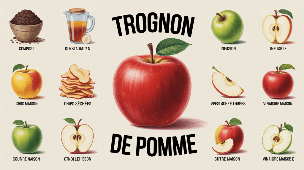 Illustration trognon de pomme et ses usages compost infusion chips vinaigre