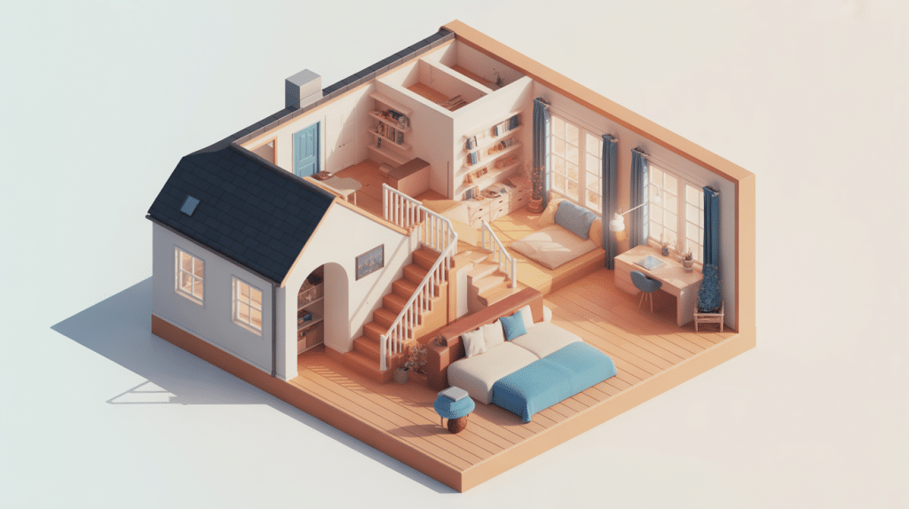 amenagement combles avant apres en coupe isometrique