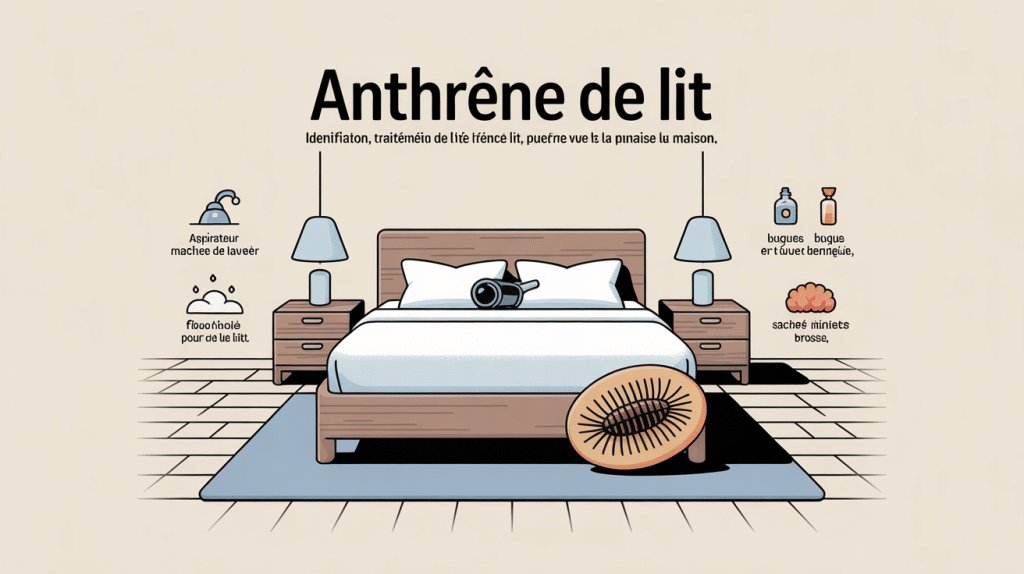 Illustration anthrene de lit dans chambre, loupe, larve et icones de traitement