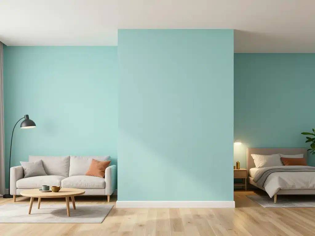 Vue 3D murs bleu celadon salon et chambre