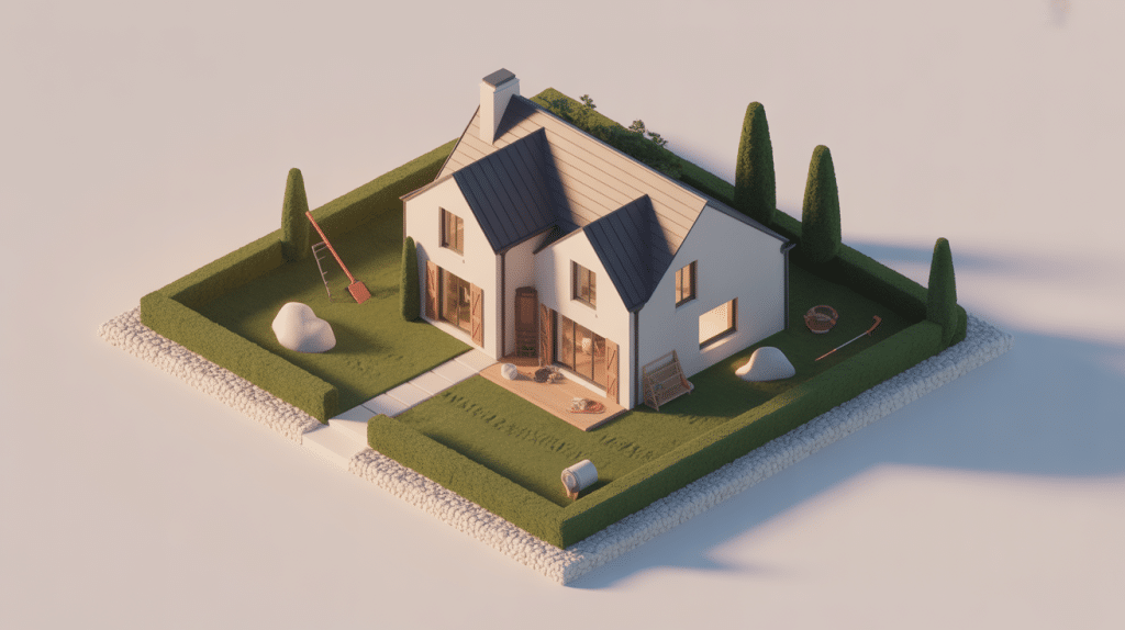 Illustration bordure de propreté maison avec pente et graviers