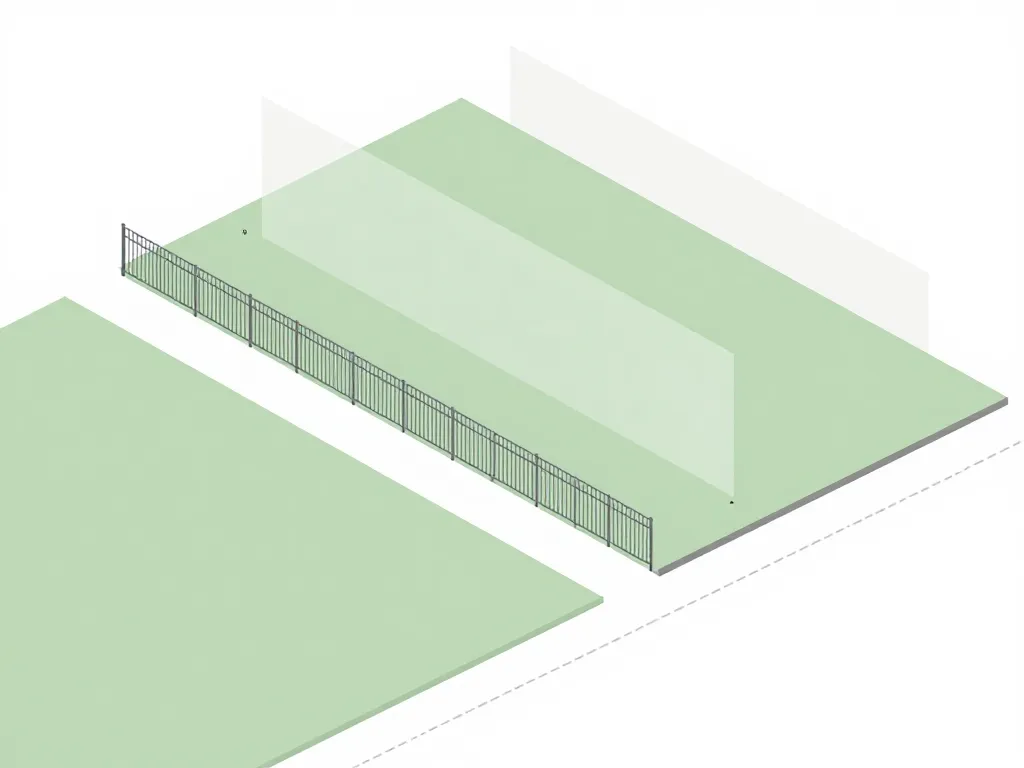 Clôture en retrait de la limite séparative, schéma distances et hauteurs