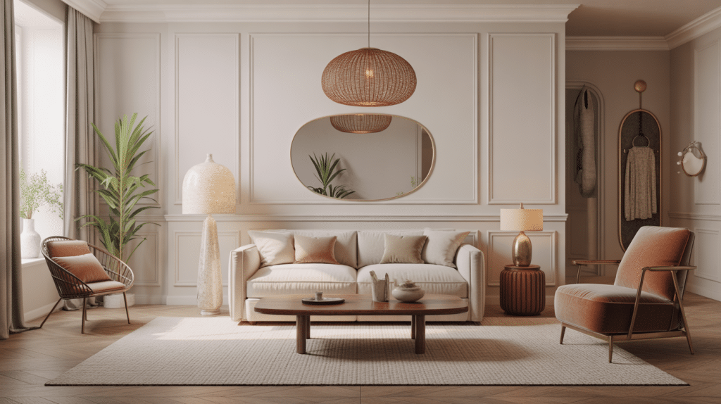 Salon élégant en 3D, déco salon chic et classe