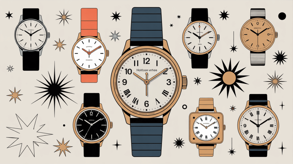 Illustration horloge vintage année 50 starburst et modèles 1950