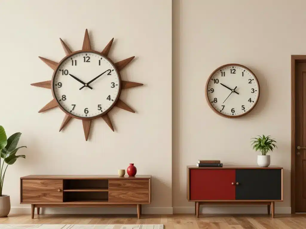 Scène salon et entrée avec horloge vintage année 50 bien placée